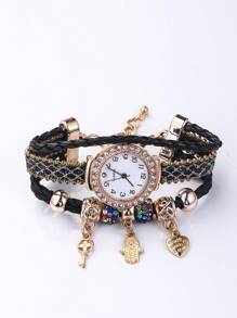 法蒂瑪之手飾物多層圓形指針石英手錶 - 香檳色 - 查看 1