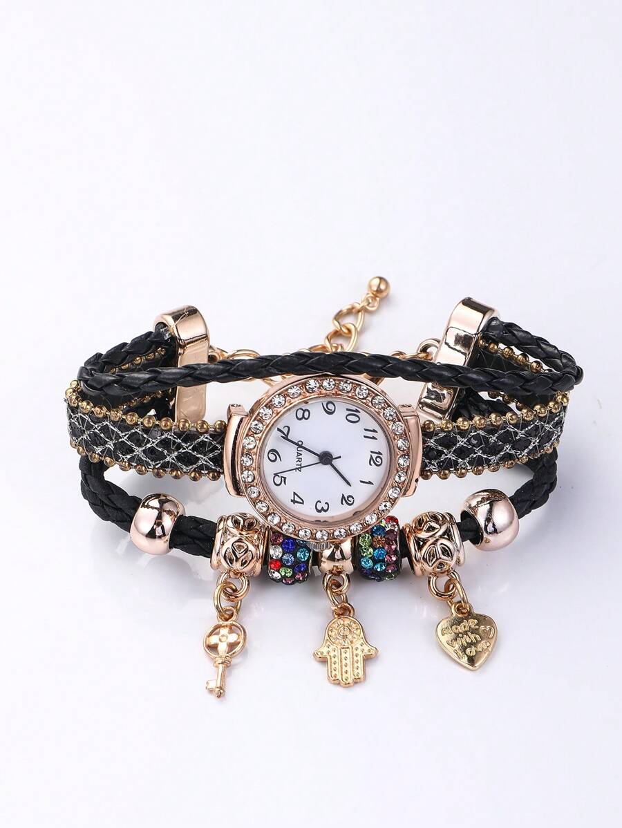 法蒂瑪之手飾物多層圓形指針石英手錶 - 香檳色 - 查看 1