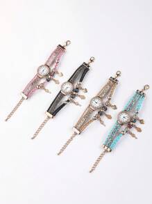 法蒂瑪之手飾物多層圓形指針石英手錶 - 香檳色 - 查看 3