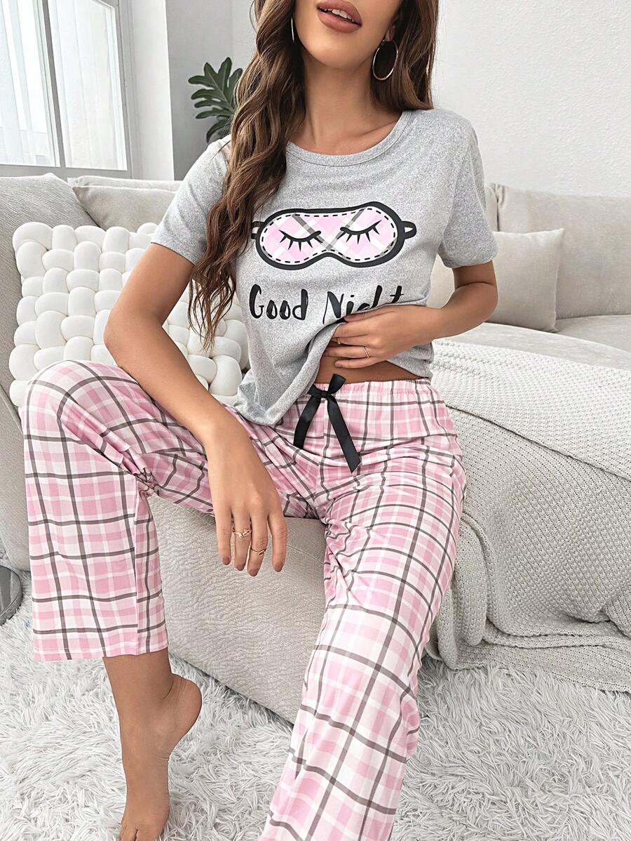 Cartoon & Letter Graphic Tee & Plaid Print Pants PJ Set / Pajama Set - Multicolor - View 1