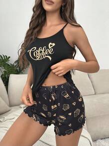 Snug Zone Conjunto de pijama con camiseta de tirantes con gráfico de letras y shorts - Negro - Ver 3