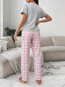 Cartoon & Letter Graphic Tee & Plaid Print Pants PJ Set / Pajama Set - Multicolor - View 2