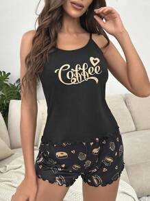 Snug Zone Conjunto de pijama con camiseta de tirantes con gráfico de letras y shorts - Negro - Ver 4