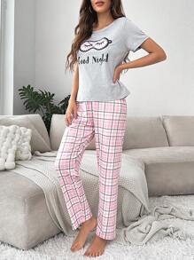 Cartoon & Letter Graphic Tee & Plaid Print Pants PJ Set / Pajama Set - Multicolor - View 4