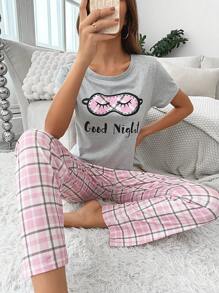 Cartoon & Letter Graphic Tee & Plaid Print Pants PJ Set / Pajama Set - Multicolor - View 6