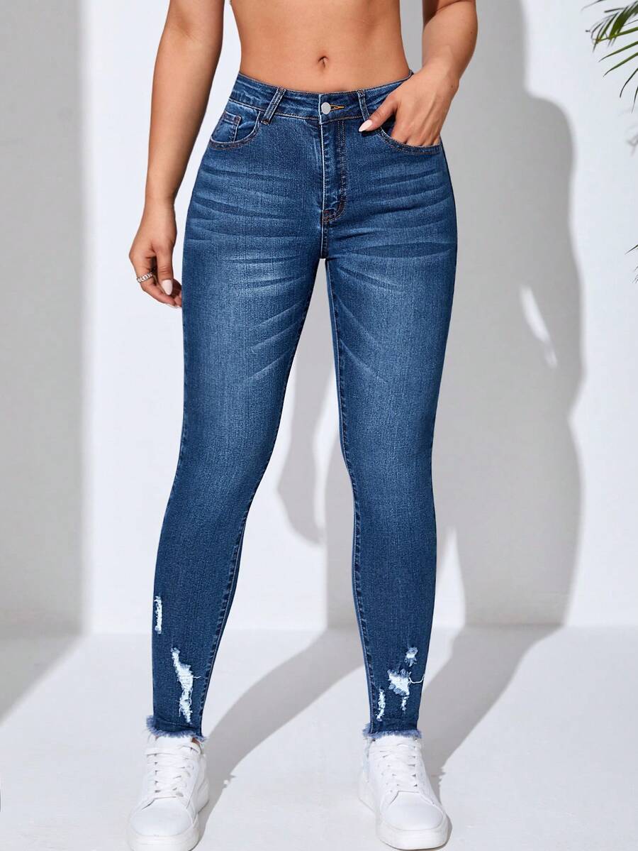 SHEIN Essnce Ripped Raw Hem Skinny Jeans - Dark Wash - View 1