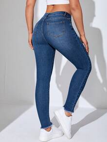 SHEIN Essnce Ripped Raw Hem Skinny Jeans - Dark Wash - View 2