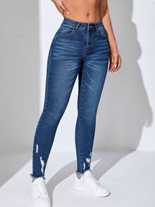 SHEIN Essnce Ripped Raw Hem Skinny Jeans - Dark Wash - View 4