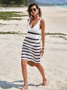 EURMUSE Striped Pattern Hollow Out Cover Up Dress Without Bikini, For Summer Beach Vacation - Black and White - View 4