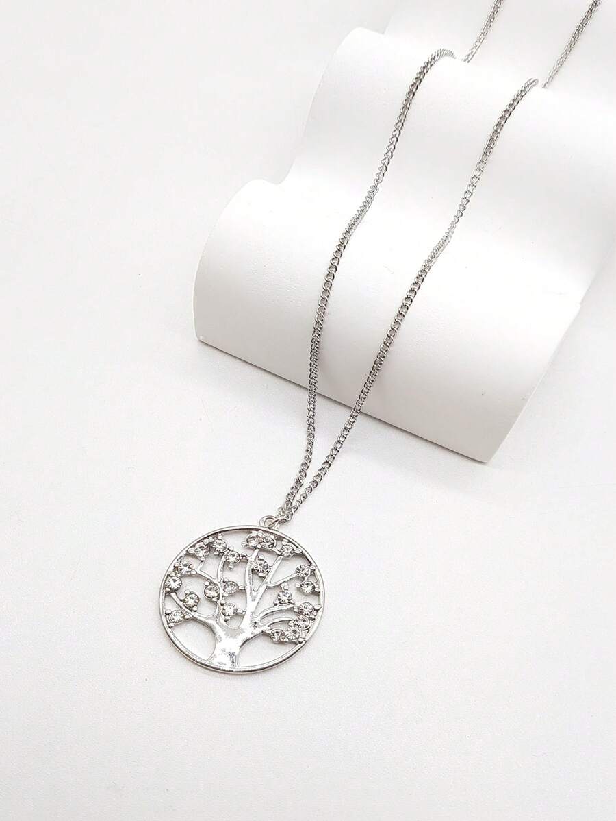 1入組時髦和個性化樹形吊墜長項鍊帶水鑽 - 銀色 - 查看 1