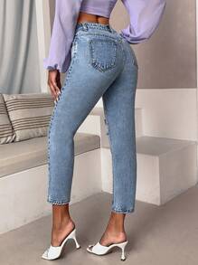 SHEIN Essnce Jeans desgarro de talle alto - Azul - Ver 4