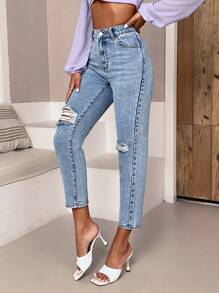 SHEIN Essnce Jeans desgarro de talle alto - Azul - Ver 2