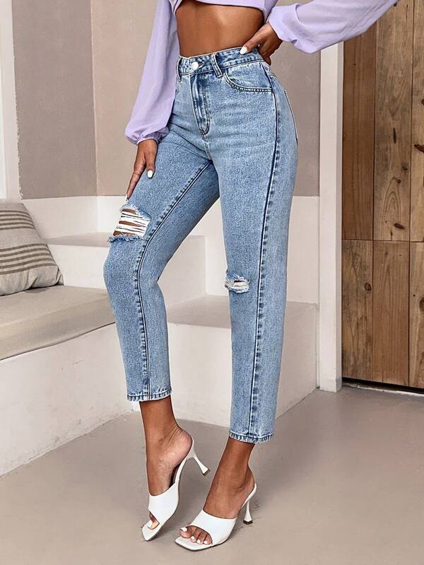 SHEIN Essnce High Waist Ripped Jeans SHEIN USA