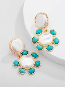 1 Đôi Bông Tai Ngọc Trai Giả Màu Ngọc Lam Với Thiết Kế Hoa Hướng Dương, Trang Sức Thanh Lịch Cho Nữ - Nhiều màu - Xem 1