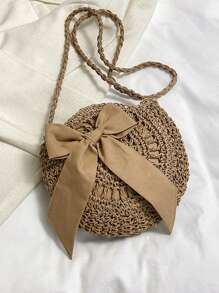 蝴蝶結裝飾草編斜挎包藤編織時尚針織夏季沙灘單肩包,完美適合夏天海灘旅行度假 - 卡其色 - 查看 2