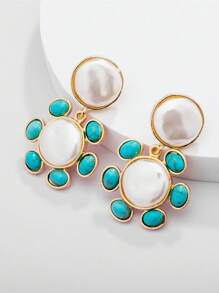 1 Đôi Bông Tai Ngọc Trai Giả Màu Ngọc Lam Với Thiết Kế Hoa Hướng Dương, Trang Sức Thanh Lịch Cho Nữ - Nhiều màu - Xem 2