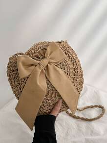 蝴蝶結裝飾草編斜挎包藤編織時尚針織夏季沙灘單肩包,完美適合夏天海灘旅行度假 - 卡其色 - 查看 3