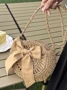 蝴蝶結裝飾草編斜挎包藤編織時尚針織夏季沙灘單肩包,完美適合夏天海灘旅行度假 - 卡其色 - 查看 4