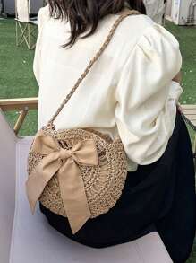 蝴蝶結裝飾草編斜挎包藤編織時尚針織夏季沙灘單肩包,完美適合夏天海灘旅行度假 - 卡其色 - 查看 6