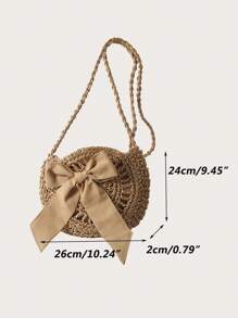 蝴蝶結裝飾草編斜挎包藤編織時尚針織夏季沙灘單肩包,完美適合夏天海灘旅行度假 - 卡其色 - 查看 7