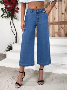 SHEIN Essnce Slant Pocket Wide Leg Capri Jeans - Dark Wash - View 1