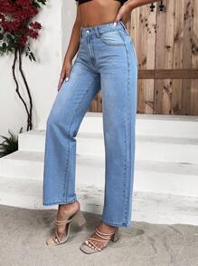 SHEIN Frenchy Solid Straight Leg Jeans - Medium Wash - View 4