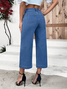 SHEIN Essnce Slant Pocket Wide Leg Capri Jeans - Dark Wash - View 2