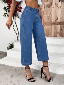 SHEIN Essnce Slant Pocket Wide Leg Capri Jeans - Dark Wash - View 3