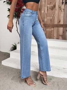 SHEIN Frenchy Solid Straight Leg Jeans - Medium Wash - View 1