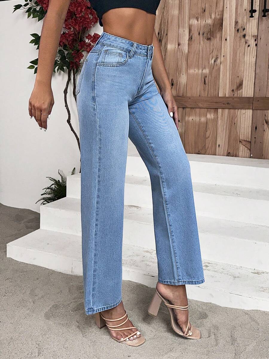SHEIN Frenchy Solid Straight Leg Jeans - Medium Wash - View 1