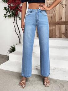SHEIN Frenchy Solid Straight Leg Jeans - Medium Wash - View 5