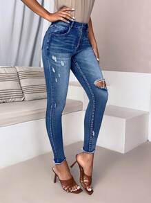 SHEIN LUNE Jeans ajustados desgarro bajo crudo - Azul lavado oscuro - Ver 1