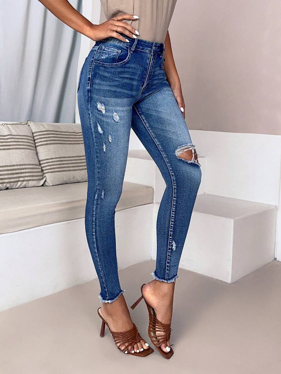 SHEIN LUNE Jeans ajustados desgarro bajo crudo - Azul lavado oscuro - Ver 1