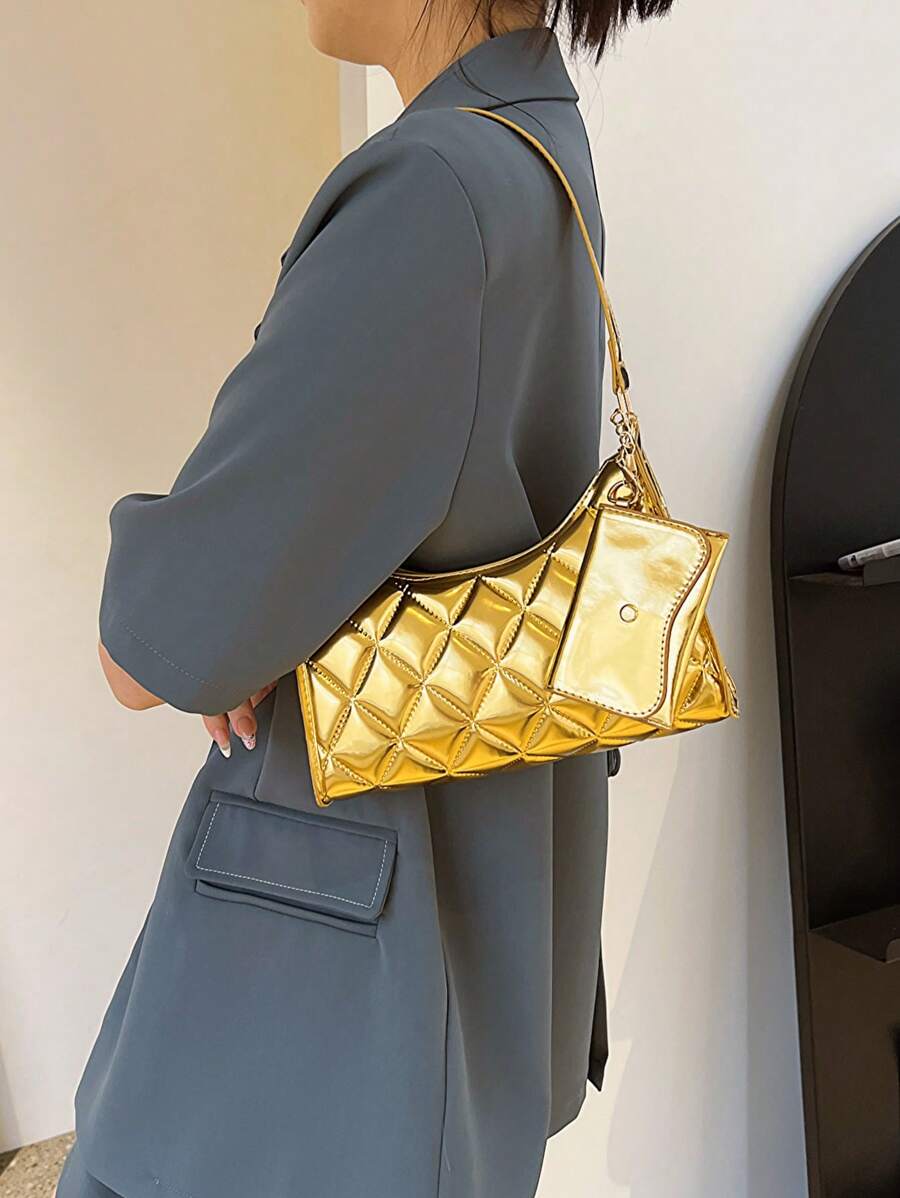 Funky Bag Quilted Metallic Pattern With Coin Purse - Gold - View 1