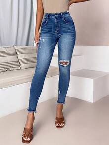 SHEIN LUNE Jeans ajustados desgarro bajo crudo - Azul lavado oscuro - Ver 3