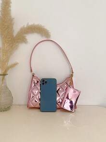 Funky Bag Quilted Metallic Pattern With Coin Purse - Pink - View 3