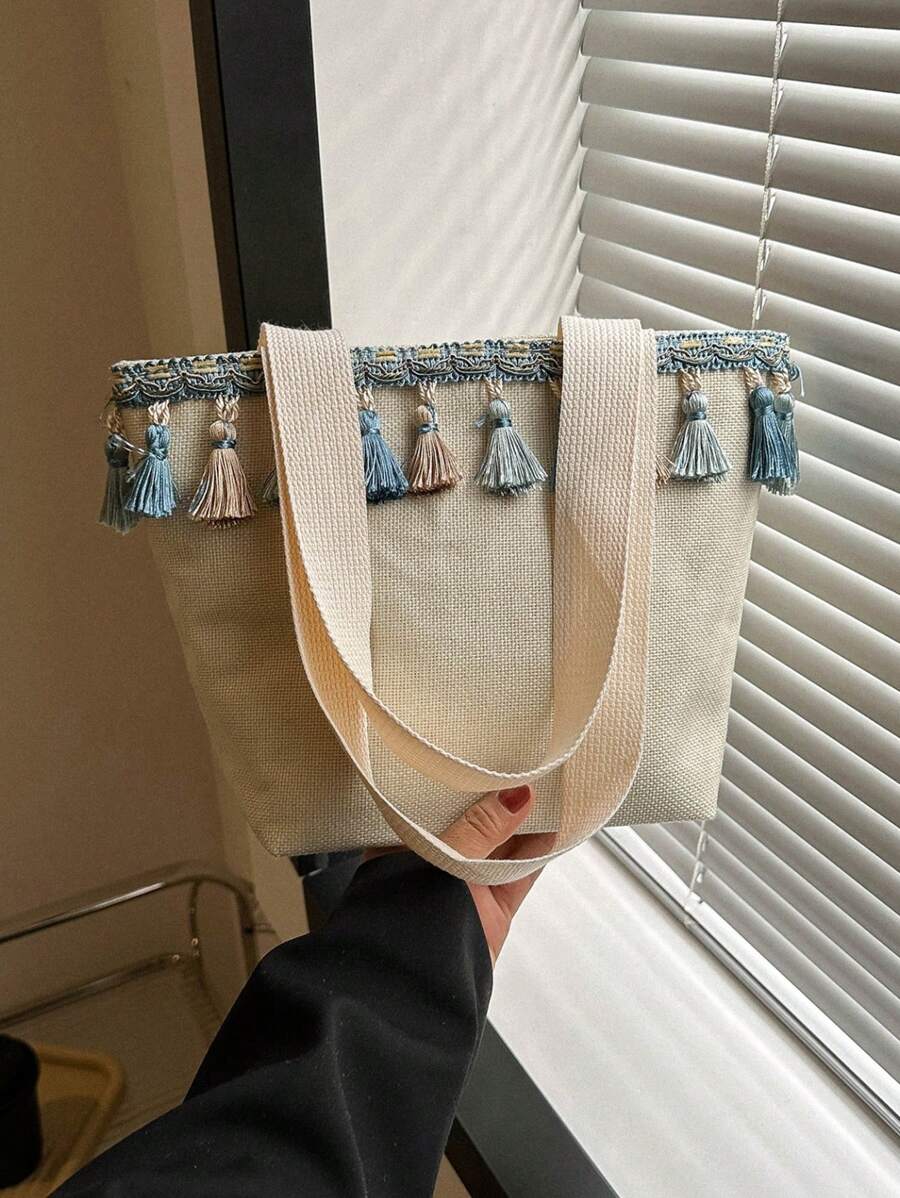 Bolso de hombro mini doble asa con diseño de fleco - Multicolor - Ver 1