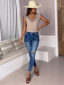 SHEIN LUNE Jeans ajustados desgarro bajo crudo - Azul lavado oscuro - Ver 4