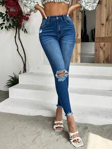 SHEIN Essnce Ripped Raw Hem Skinny Jeans - Medium Wash - View 3