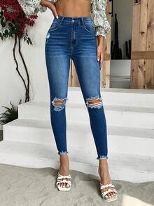 SHEIN Essnce Ripped Raw Hem Skinny Jeans - Medium Wash - View 5