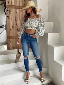 SHEIN Essnce Ripped Raw Hem Skinny Jeans - Medium Wash - View 6