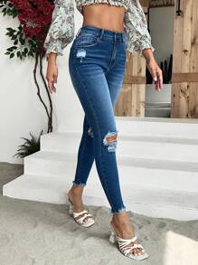 SHEIN Essnce Ripped Raw Hem Skinny Jeans - Medium Wash - View 1