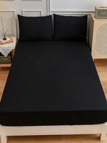 無填充物素色床笠套裝臥室用簡單黑色織物床上用品床笠套裝 - 黑色 - 查看 1