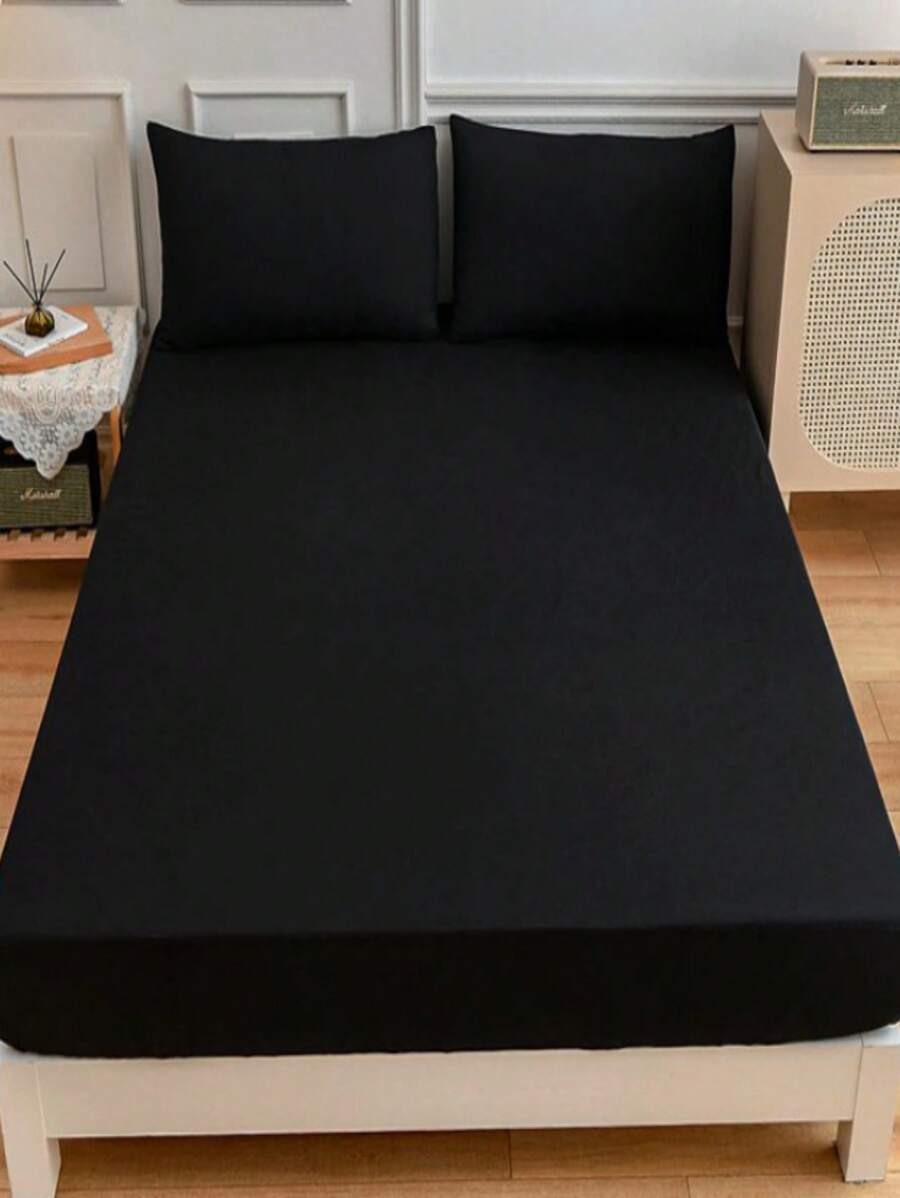 無填充物素色床笠套裝臥室用簡單黑色織物床上用品床笠套裝 - 黑色 - 查看 1