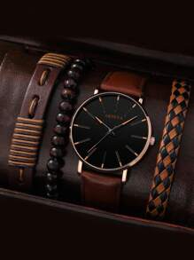 1 Miếng Nâu PU Polyurethane Dây đeo Đúng mốt Tròn Quay số đồng hồ Quartz & 3pcs Vòng tay , Đối với Cuộc sống hàng ngày - Cà phê nâu - Xem 1