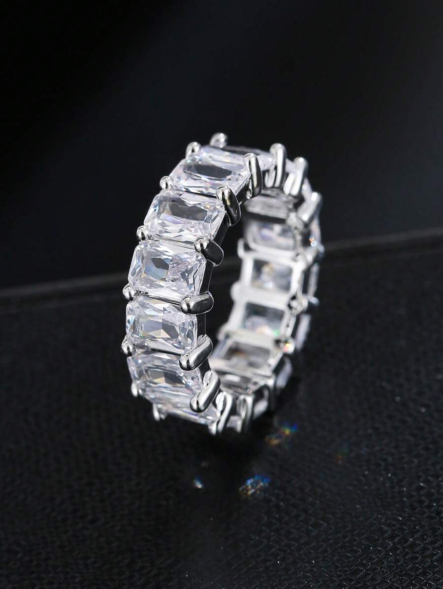 方晶鋯石裝飾戒指 - 銀色 - 查看 1