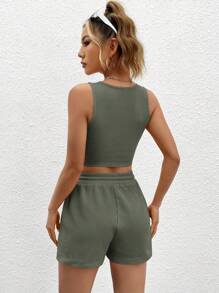 SHEIN EZwear Bộ đồ hai mảnh nữ Dây kéo Đắp vá Túi Lá thư Giải trí - xanh quân đội - Xem 2