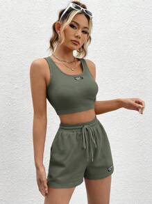 SHEIN EZwear Bộ đồ hai mảnh nữ Dây kéo Đắp vá Túi Lá thư Giải trí - xanh quân đội - Xem 3