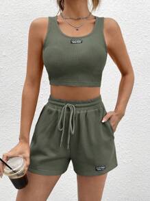 SHEIN EZwear Bộ đồ hai mảnh nữ Dây kéo Đắp vá Túi Lá thư Giải trí - xanh quân đội - Xem 4