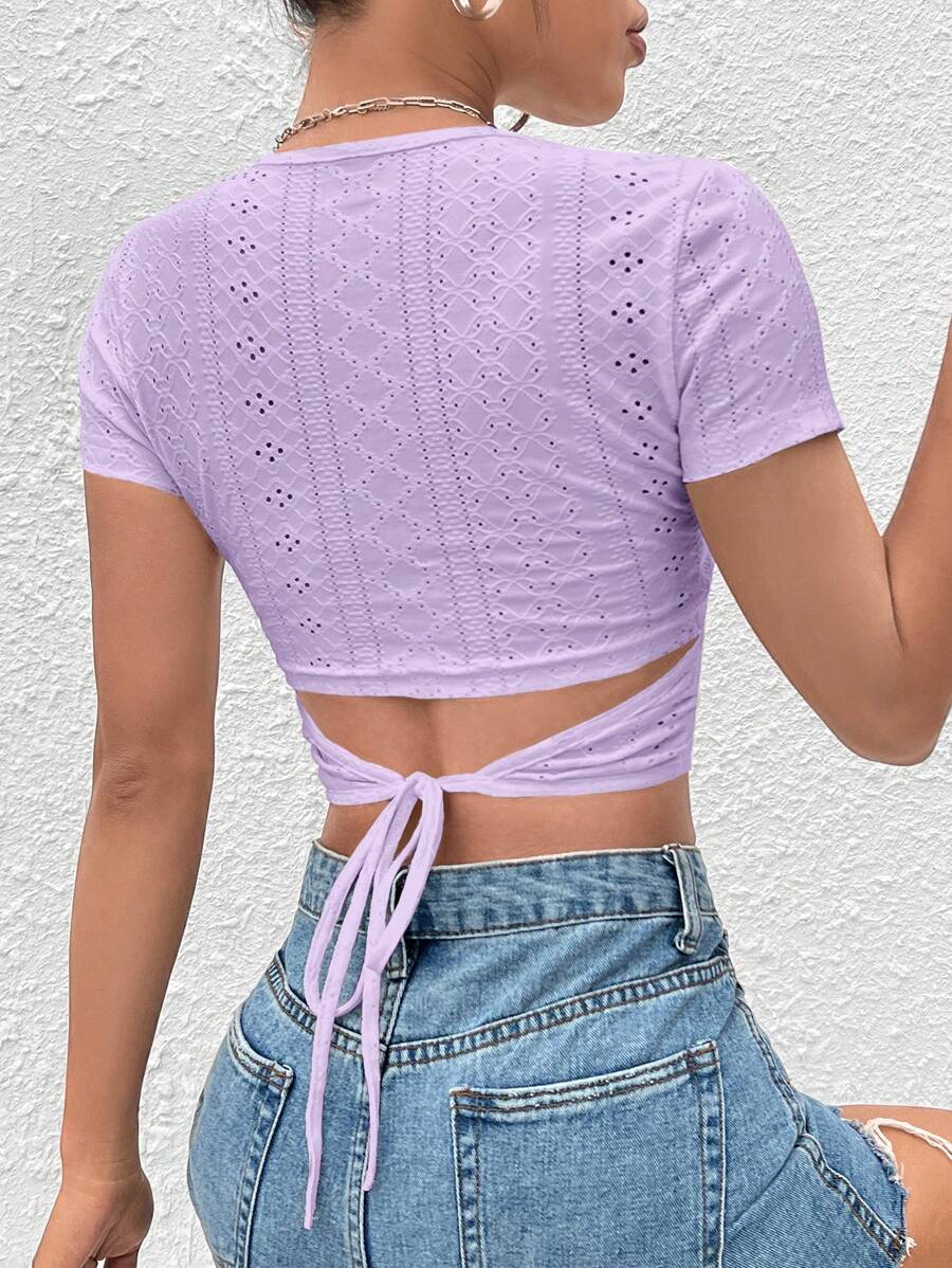 SHEIN EZwear 系带短款 T 恤 - 紫丁香色 - 查看 1